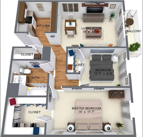 Floor plan for 2 beds, 1 bath, 803 sqft